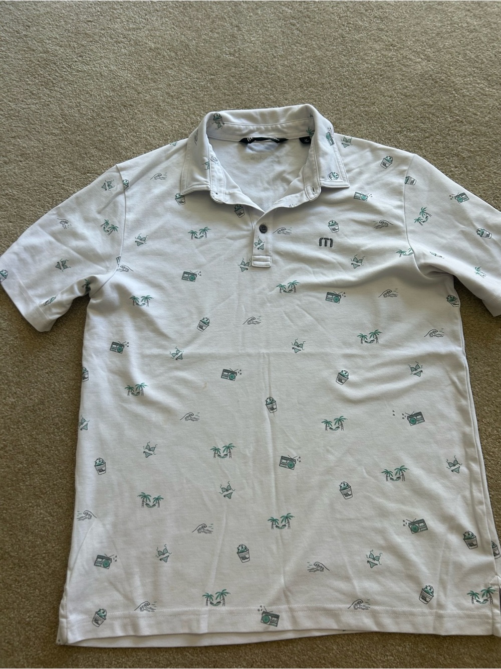 Travis Mathew White Polo with Green Micro Print